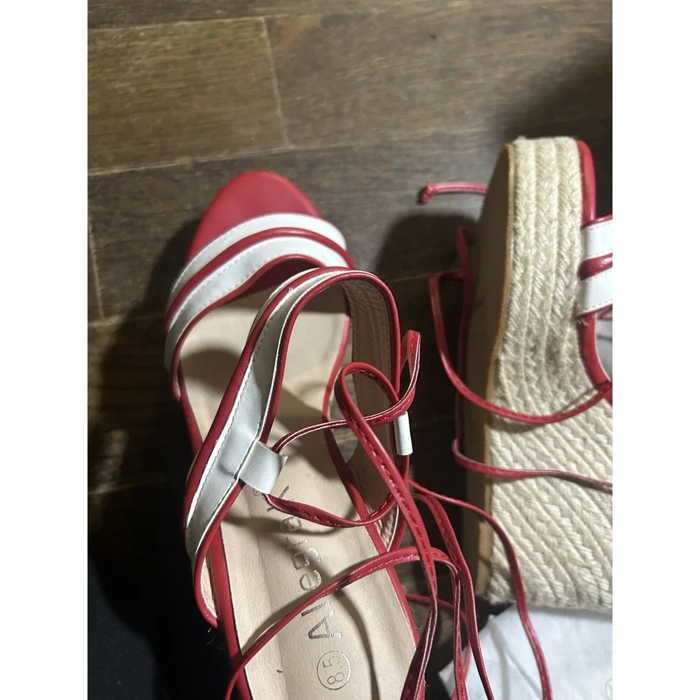 Allegra K Women's Espadrille Wedges 8.5  Striped Ankle Tie  Red And White‎ NEW